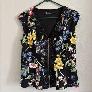 7th Avenue Design Studio Womens Black Floral Zipper Vest Size Medium